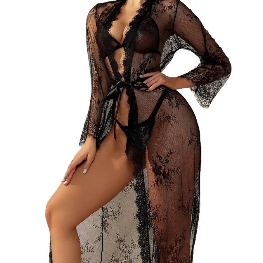 Vestaglia Lunga Nera in Pizzo  - Kimono Sheer Floral recensione e prezzo